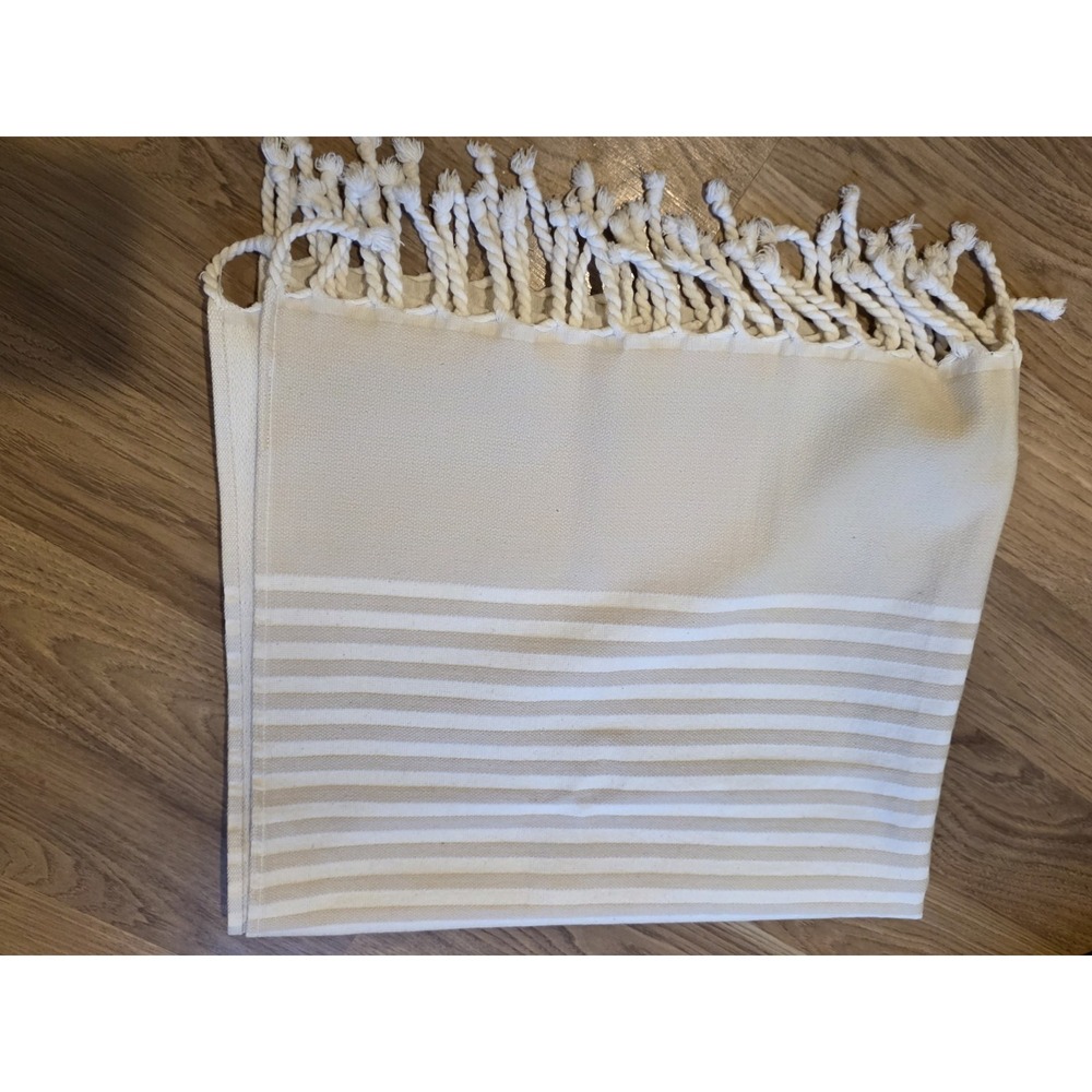Peacock Alley Beath Towel Cotton Beige Stripe Tassels Made In Turkey
